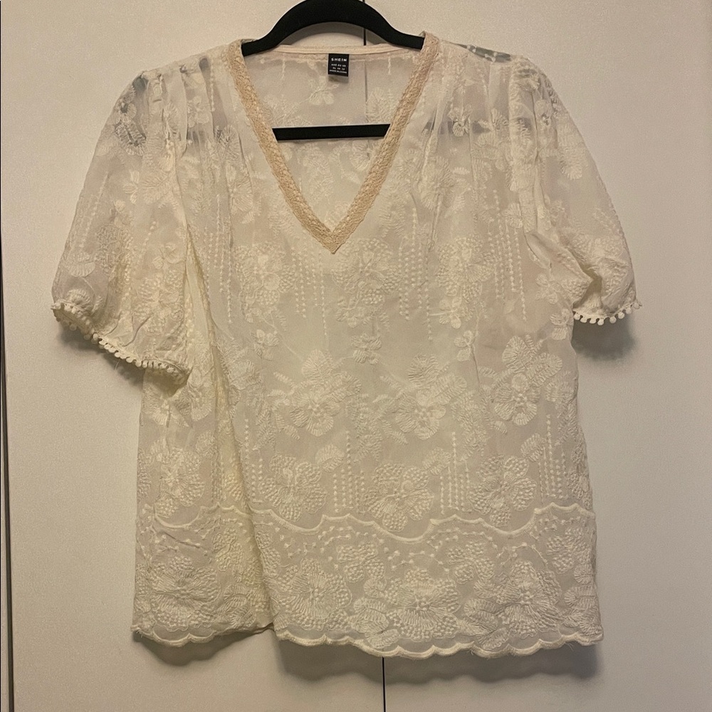 SHEIN Cream Lace V-Neck Blouse
